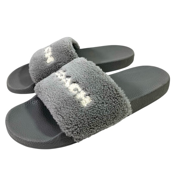 Coach Uli Sport Slides Plush Fuzzy Faux Shearling Gray Logo Spellout Size 10 - Picture 8 of 8